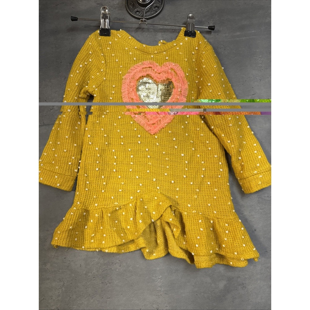 Little Lass yellow long-sleeved girls' tunic Sequin Heart Ruffled Hem 6